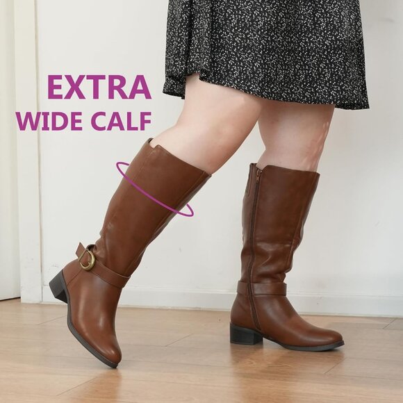 ⚡Women's Cognac Synthetic Extra Wide Calf Pull On Side Zipper Knee High Boots - Picture 3 of 5